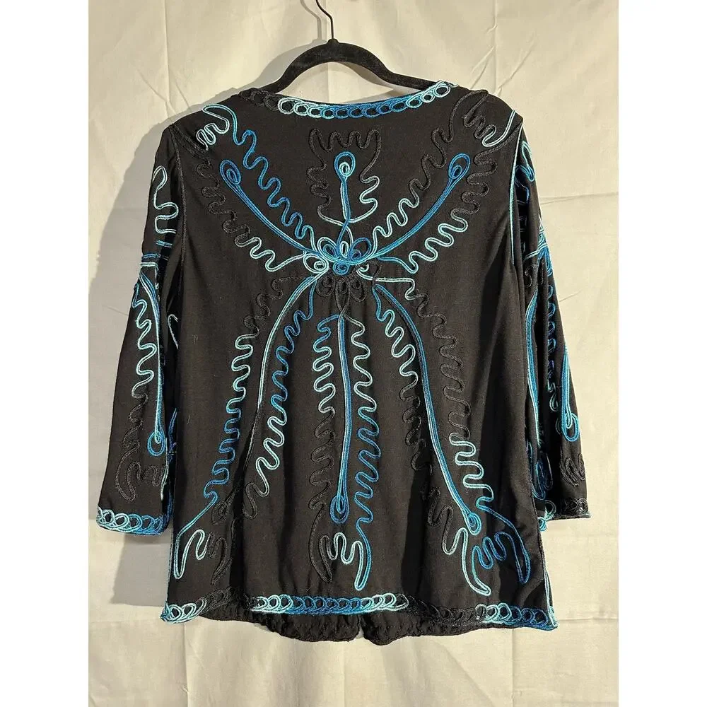 90s Vintage Jacket Medium Black Embroidered Cottage Western Boho Blue Bohemian